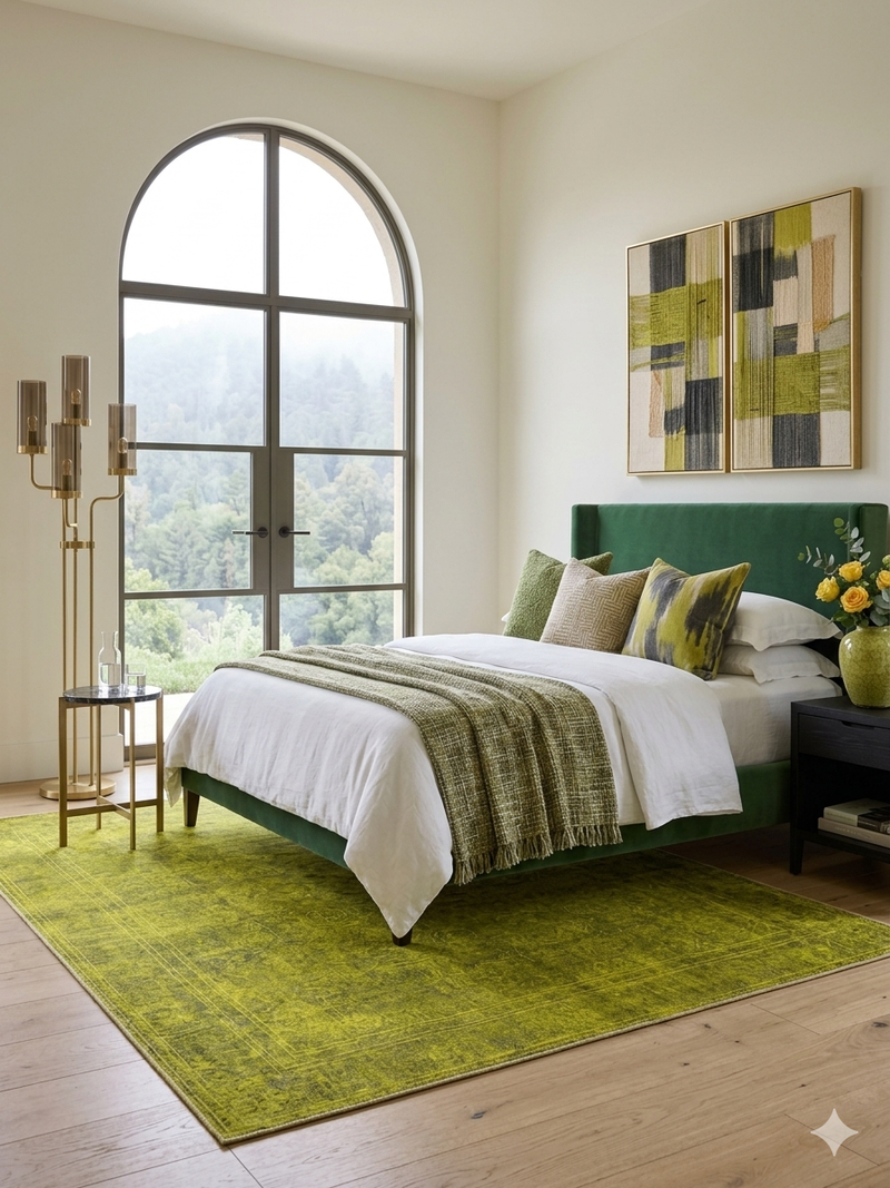 5' x 7' Rectangular Mustard Gold Distressed Medallion Traditional Washable Area Rug placed under a bed in a bright contemporary bedroom with green accents and large arched windows.