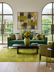 5' x 7' Rectangular Mustard Gold Distressed Medallion Traditional Washable Area Rug styled in a modern living room with a green velvet sofa and abstract wall art.