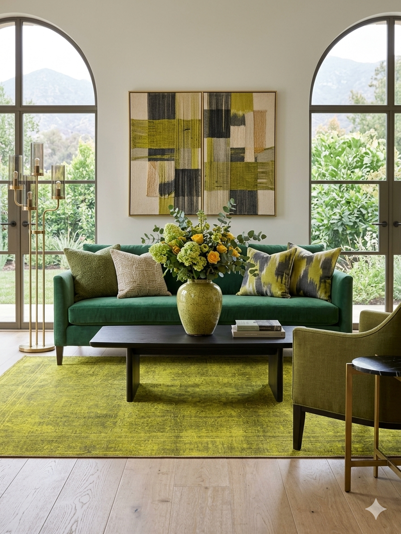 5' x 7' Rectangular Mustard Gold Distressed Medallion Traditional Washable Area Rug styled in a modern living room with a green velvet sofa and abstract wall art.