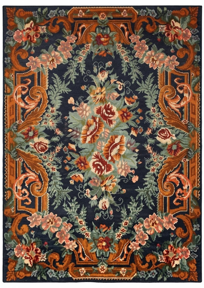 5' x 7' Rectangular Navy Blue & Rust Orange Floral Ornate Traditional Area Rug featuring a colorful floral bouquet, sage green leaves, and intricate rust orange scrollwork borders.