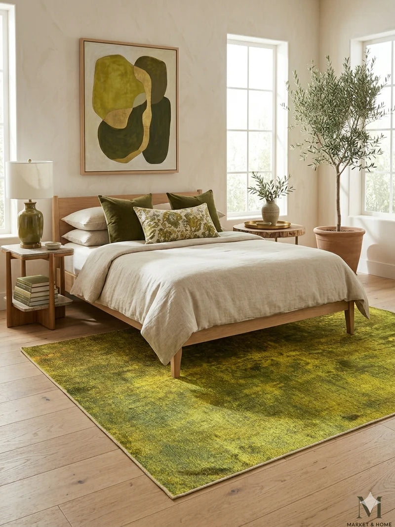 5' x 7' Rectangular Olive Green & Gold Distressed Abstract Modern Area Rug placed in a bedroom with a wooden bed and cream bedding.