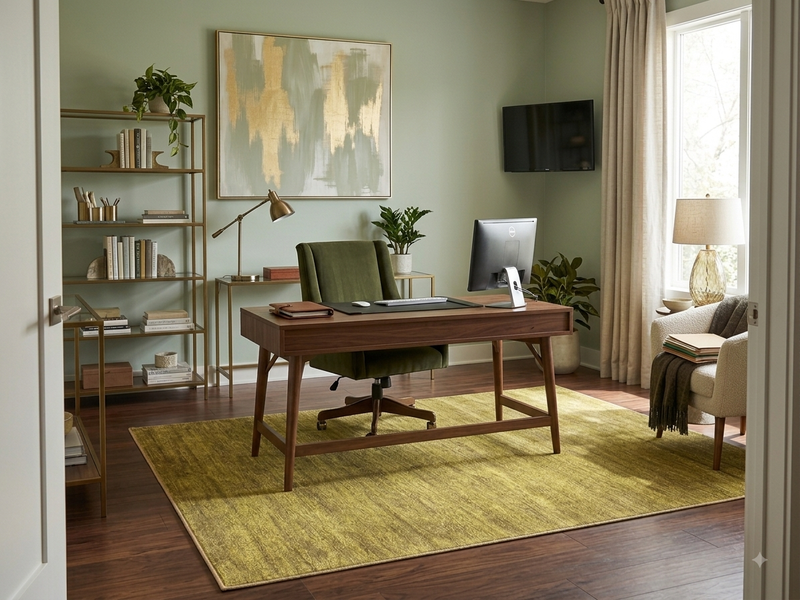5' x 7' Rectangular Olive Green & Gold Solid Textured Modern Washable Area Rug styled in a home office with a wooden desk and green upholstered chair.