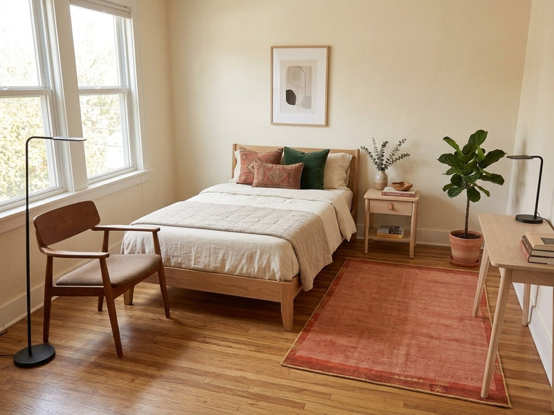 5' x 7' Rectangular Peach Coral & Rust Solid Textured Border Modern Area Rug placed in a cozy bedroom beside a wooden bed with cream bedding.