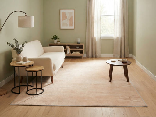 5' x 7' Rectangular Peach & Ivory Distressed Solid Minimalist Modern Washable Area Rug styled in a living room with a cream sofa and round wooden coffee table.
