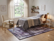 5' x 7' Rectangular Purple & Gray Distressed Abstract Modern Area Rug styled in a bright bedroom with a wooden bed and gray bedding.