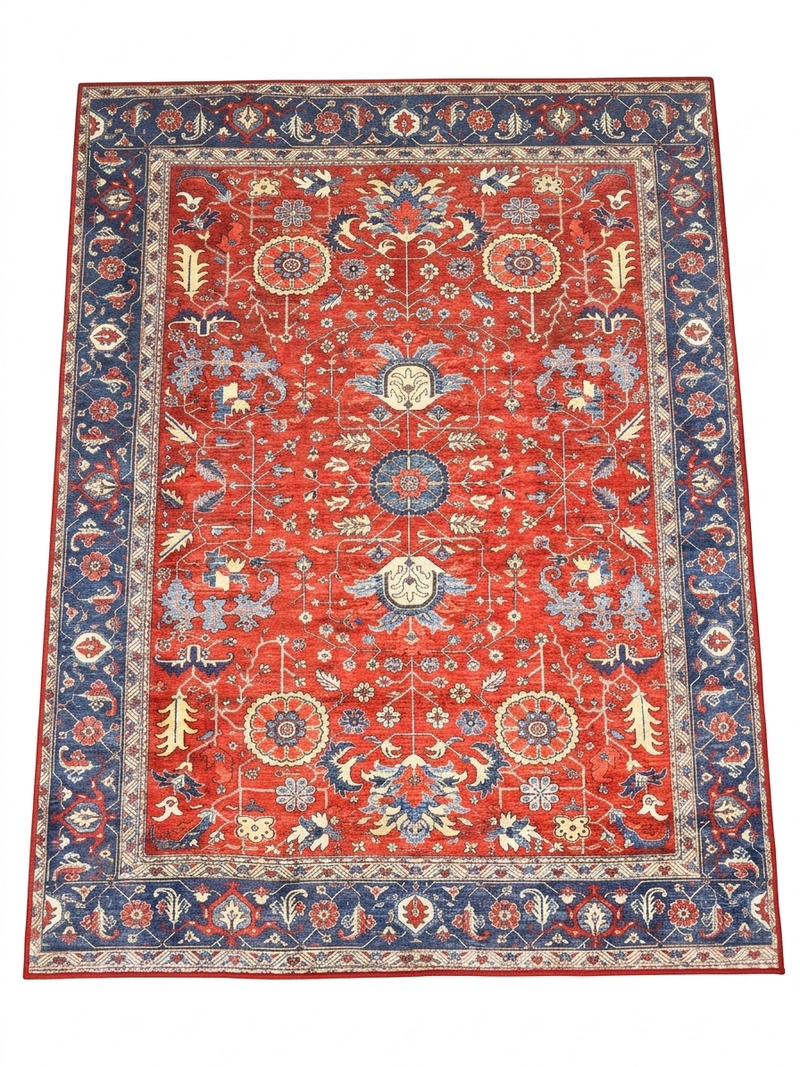 5' x 7' Rectangular Red & Blue Floral Traditional Area Rug shown in a flat product design view.