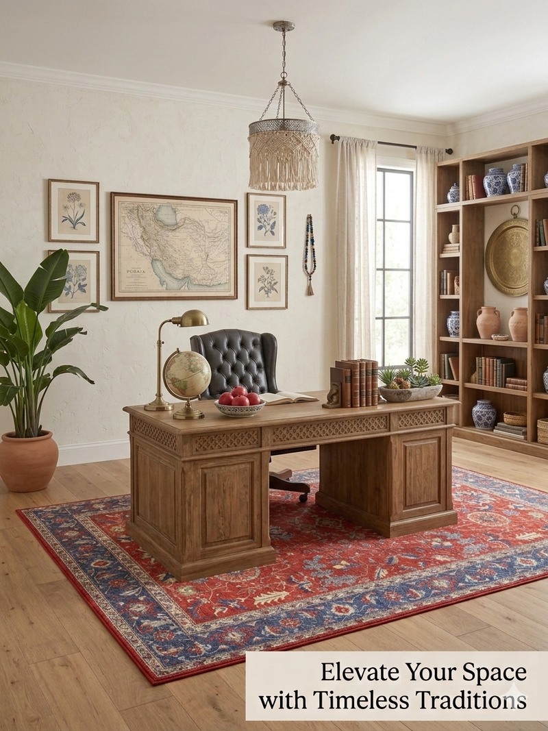 5' x 7' Rectangular Red & Blue Floral Traditional Area Rug styled in a classic home office with wooden desk and bookshelves.