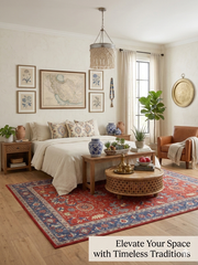 8' Round Beige & Ivory Distressed Traditional Area Rug styled in an elegant living room with sofas and a round coffee table.