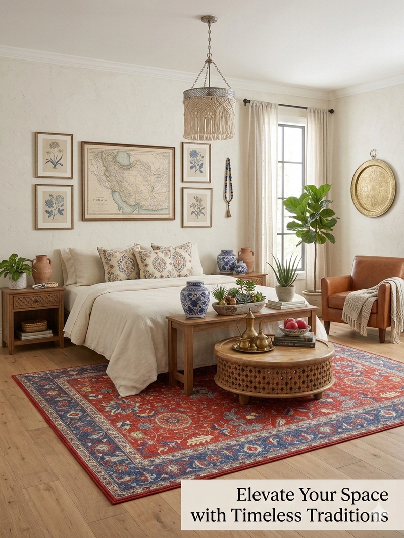 8' Round Beige & Ivory Distressed Traditional Area Rug styled in an elegant living room with sofas and a round coffee table.