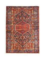 5' x 7' Rectangular Red & Blue Tribal Geometric Medallion Traditional Area Rug isolated on a white background.