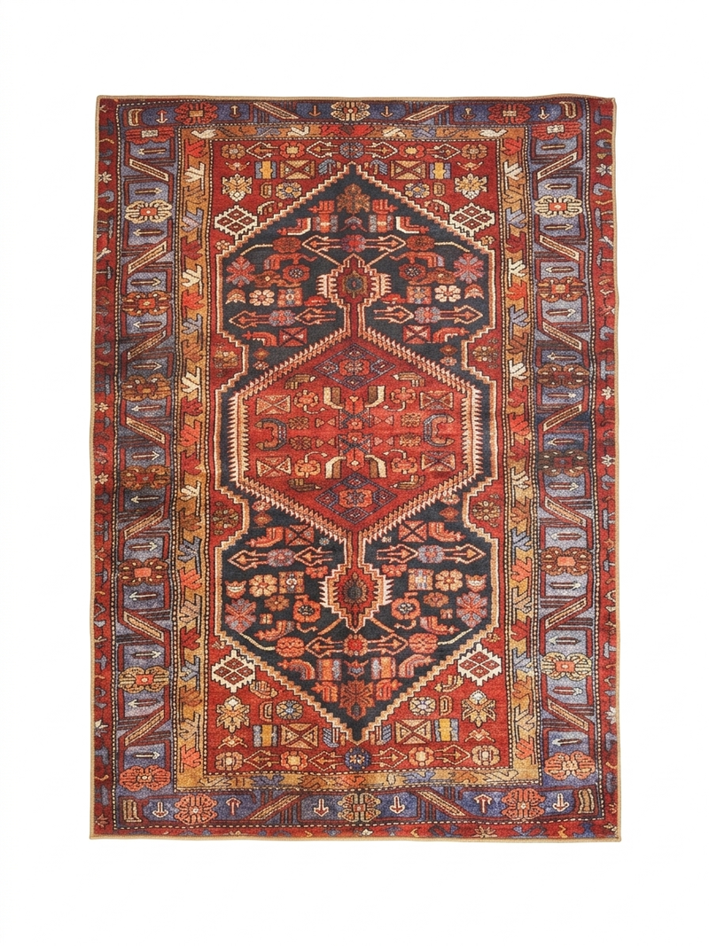 5' x 7' Rectangular Red & Blue Tribal Geometric Medallion Traditional Area Rug isolated on a white background.