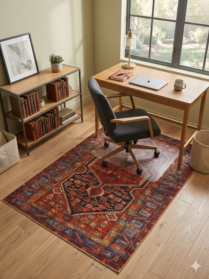 5' x 7' Rectangular Red & Blue Tribal Geometric Medallion Traditional Area Rug styled in a home office with a desk and rolling chair.