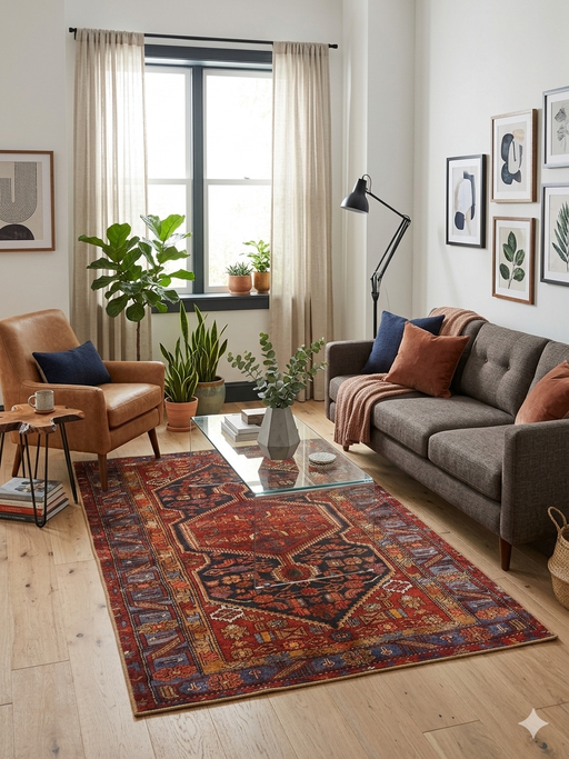 5' x 7' Rectangular Red & Blue Tribal Geometric Medallion Traditional Area Rug styled in a living room with a sofa, accent chair, and coffee table.