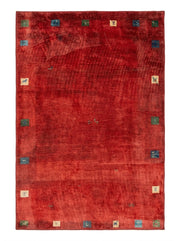 5' x 7' Rectangular Red Multicolor Distressed Solid Tribal Traditional Area Rug featuring a distressed red field with small blue, green, and ivory tribal motifs along the border.