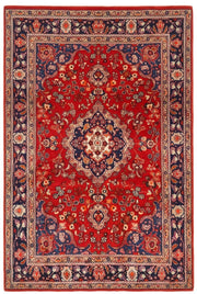 5' x 7' Rectangular Red Navy Blue Floral Medallion Traditional Oriental Washable Area Rug featuring a central ornate medallion, red background, and navy floral border.
