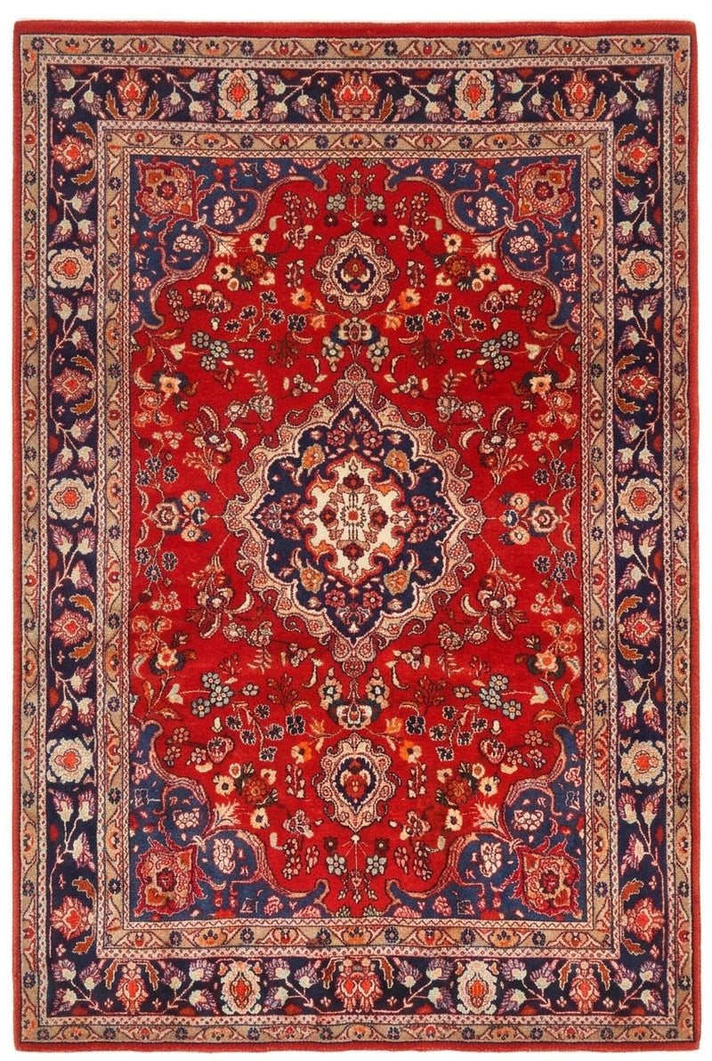 5' x 7' Rectangular Red Navy Blue Floral Medallion Traditional Oriental Washable Area Rug featuring a central ornate medallion, red background, and navy floral border.