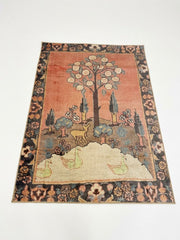 5' x 7' Rectangular Rust Orange & Beige Tree of Life Pictorial Traditional Vintage Area Rug featuring a scenic tree motif, deer, birds, and a decorative floral border.
