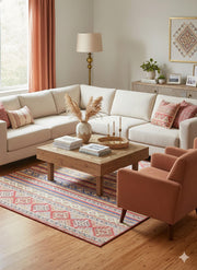 5' x 7' Rectangular Rust Red & Blue Striped Tribal Geometric Southwestern Washable Area Rug styled in a living room with a cream sectional sofa and wooden coffee table.