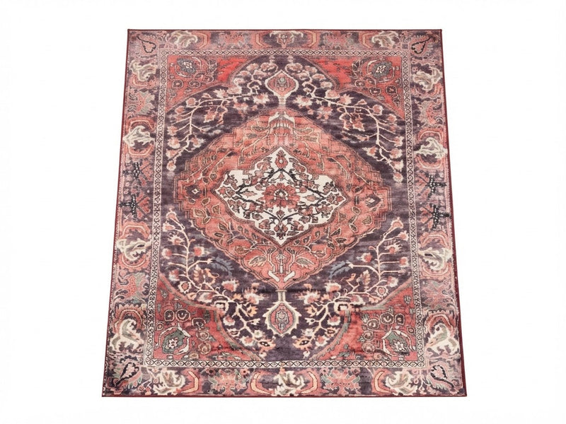 5' x 7' Rectangular Rust Red & Burgundy Floral Medallion Traditional Vintage Area Rug featuring an ornate central medallion, intricate floral motifs, and a decorative Persian-inspired border.