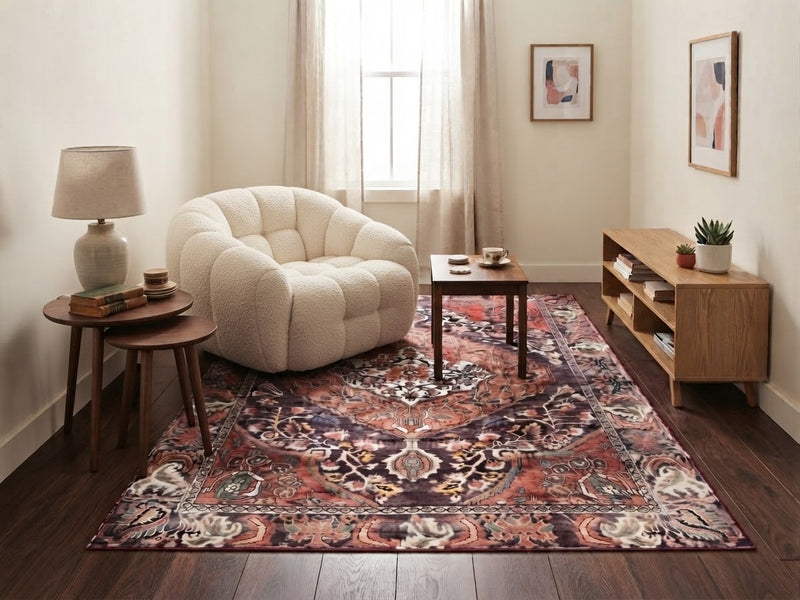 5' x 7' Rectangular Rust Red & Burgundy Floral Medallion Traditional Vintage Area Rug styled in a cozy living room with a cream accent chair and wooden coffee table.