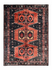5' x 7' Rectangular Rust Red & Charcoal Black Tribal Geometric Medallion Traditional Area Rug featuring three bold geometric medallions, intricate tribal motifs, and a decorative floral border.