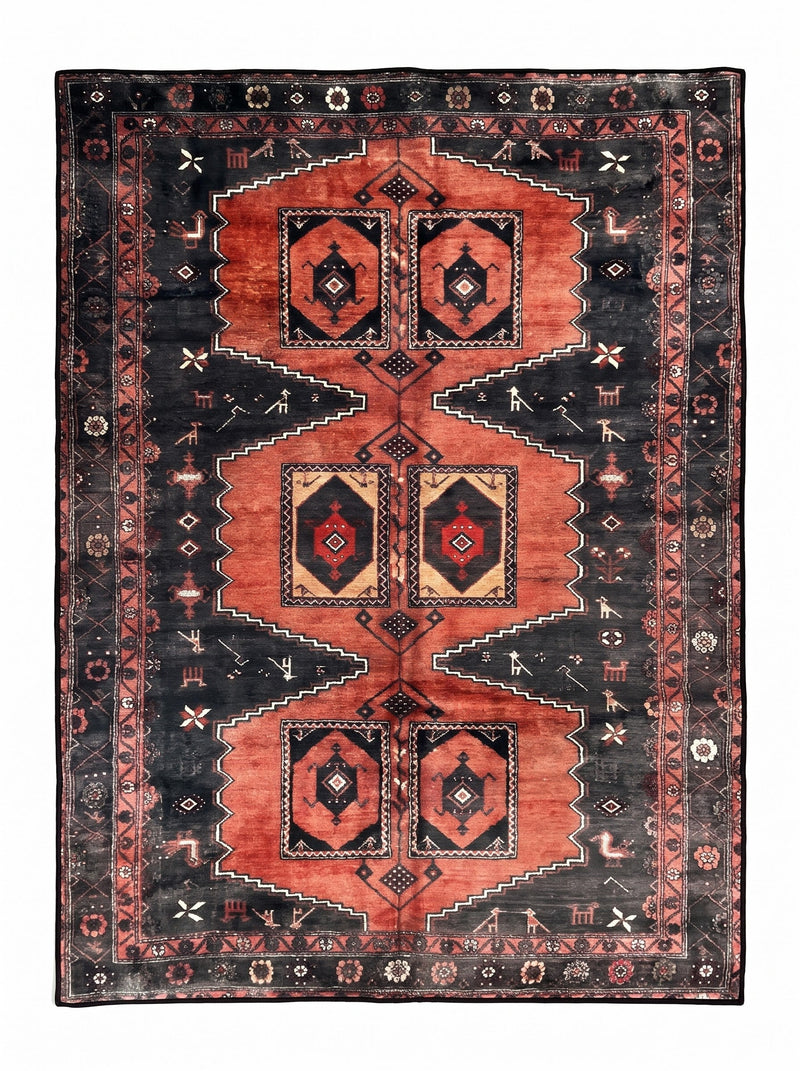 5' x 7' Rectangular Rust Red & Charcoal Black Tribal Geometric Medallion Traditional Area Rug featuring three bold geometric medallions, intricate tribal motifs, and a decorative floral border.