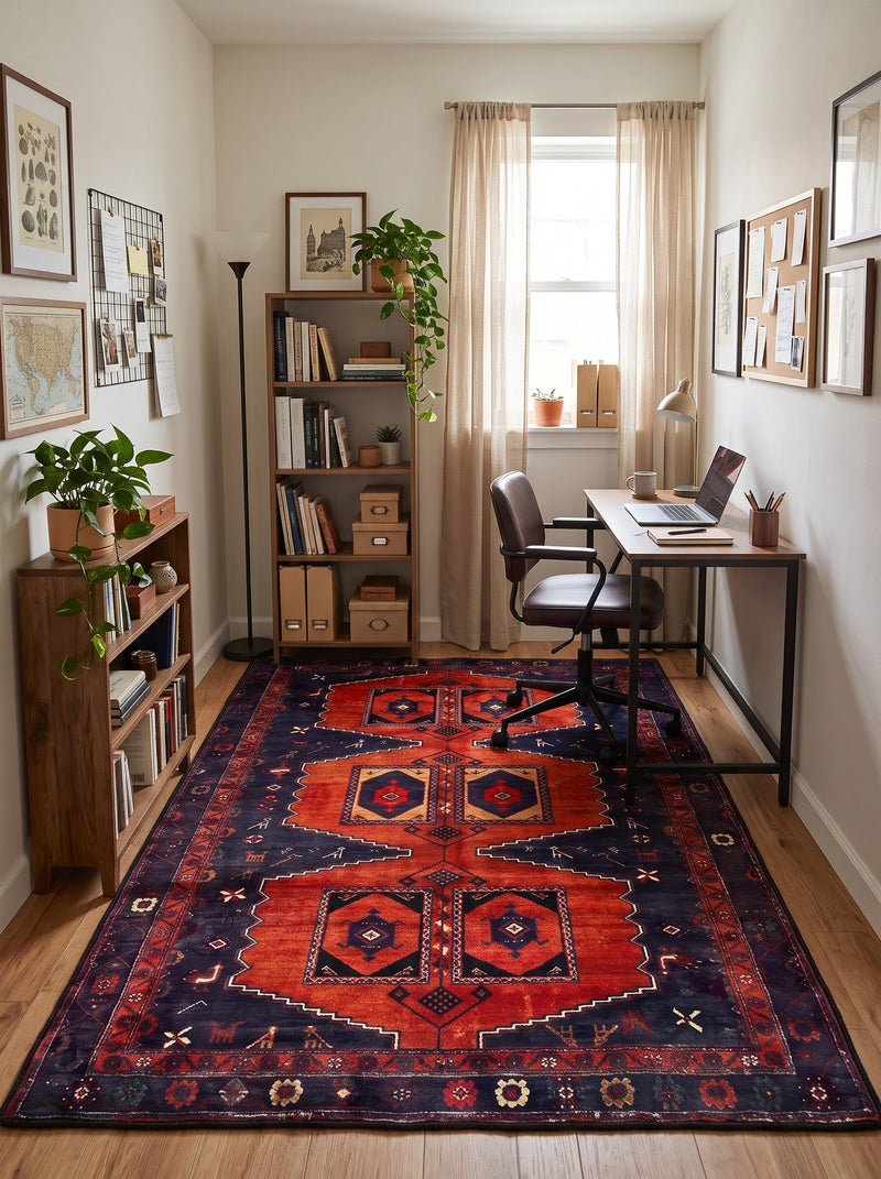 5' x 7' Rectangular Rust Red & Navy Blue Tribal Geometric Medallion Traditional Area Rug styled in a home office with a wooden desk and black office chair.