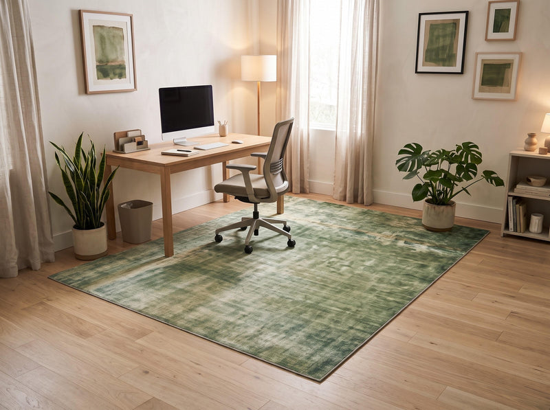 5' x 7' Rectangular Sage Green & Olive Green Distressed Abstract Modern Area Rug styled in a home office with a wooden desk and gray office chair.