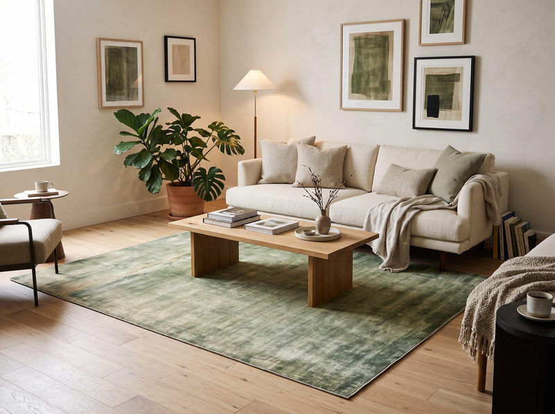 5' x 7' Rectangular Sage Green & Olive Green Distressed Abstract Modern Area Rug styled in a living room with a cream sofa and wooden coffee table.