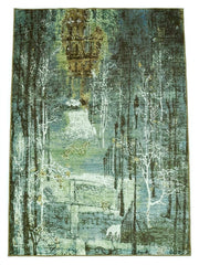5' x 7' Rectangular Teal Green & Ivory Forest Pictorial Modern Washable Area Rug featuring a woodland landscape with delicate white trees, a deer silhouette, and distressed textures.