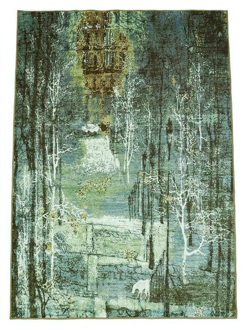 5' x 7' Rectangular Teal Green & Ivory Forest Pictorial Modern Washable Area Rug featuring a woodland landscape with delicate white trees, a deer silhouette, and distressed textures.