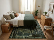 5' x 7' Rectangular Teal Green & Ivory Forest Pictorial Modern Washable Area Rug placed in a bedroom with a white bed and dark green throw blanket.