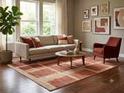5' x 7' Rectangular Terracotta & Beige Geometric Grid Modern Area Rug styled in a bright living room with a cream sofa and round wooden coffee table.