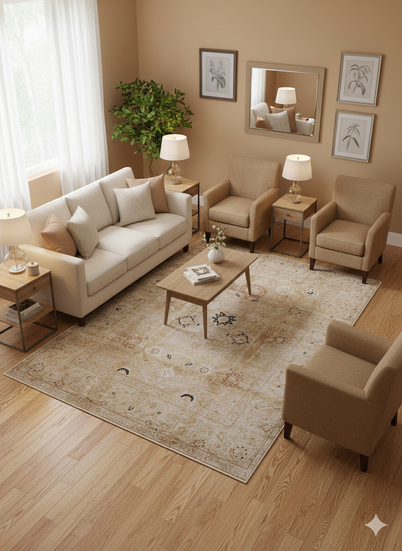 5' x 7' Rectangular Warm Beige & Taupe Floral Medallion Vintage Traditional Area Rug placed in a neutral living room with beige sofa, armchairs, and wooden coffee table.