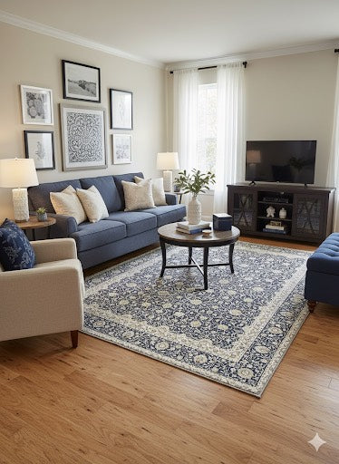 5' x 7' Rectangular blue ivory soft gray beige traditional floral area rug placed in a bright, classic living room with light wood floors, a navy sofa, neutral accent chairs, framed wall art, table lamps, and sheer white curtains allowing natural light.