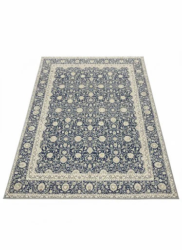 5' x 7' Rectangular blue ivory soft gray beige traditional floral area rug shown on a clean white background, featuring an intricate all-over floral pattern with a decorative border and a classic, timeless design.