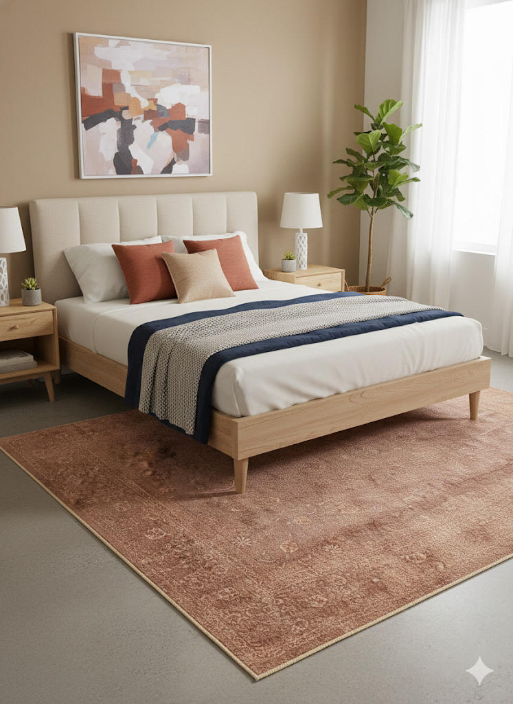 5' x 7' Solid Blush Peach Rose Textured Area Rug styled in an elegant bedroom with wood nightstands and as potted plant.