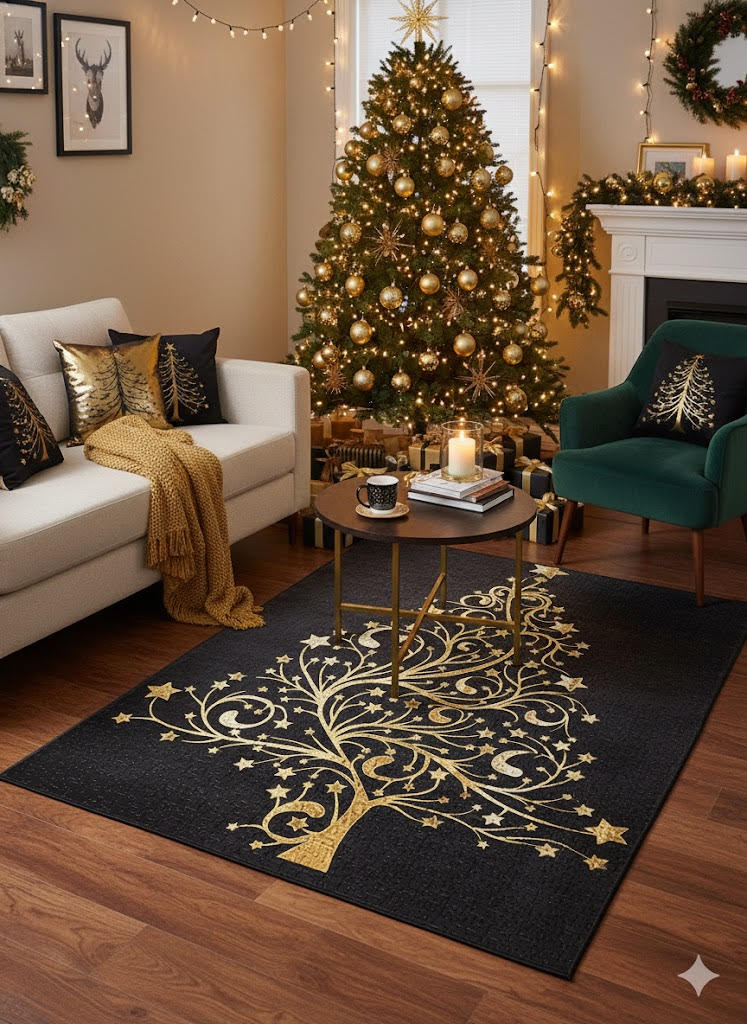 5' x 7' black and gold Christmas tree area rug styled in a cozy holiday living room with a decorated Christmas tree, warm lights, and festive décor.