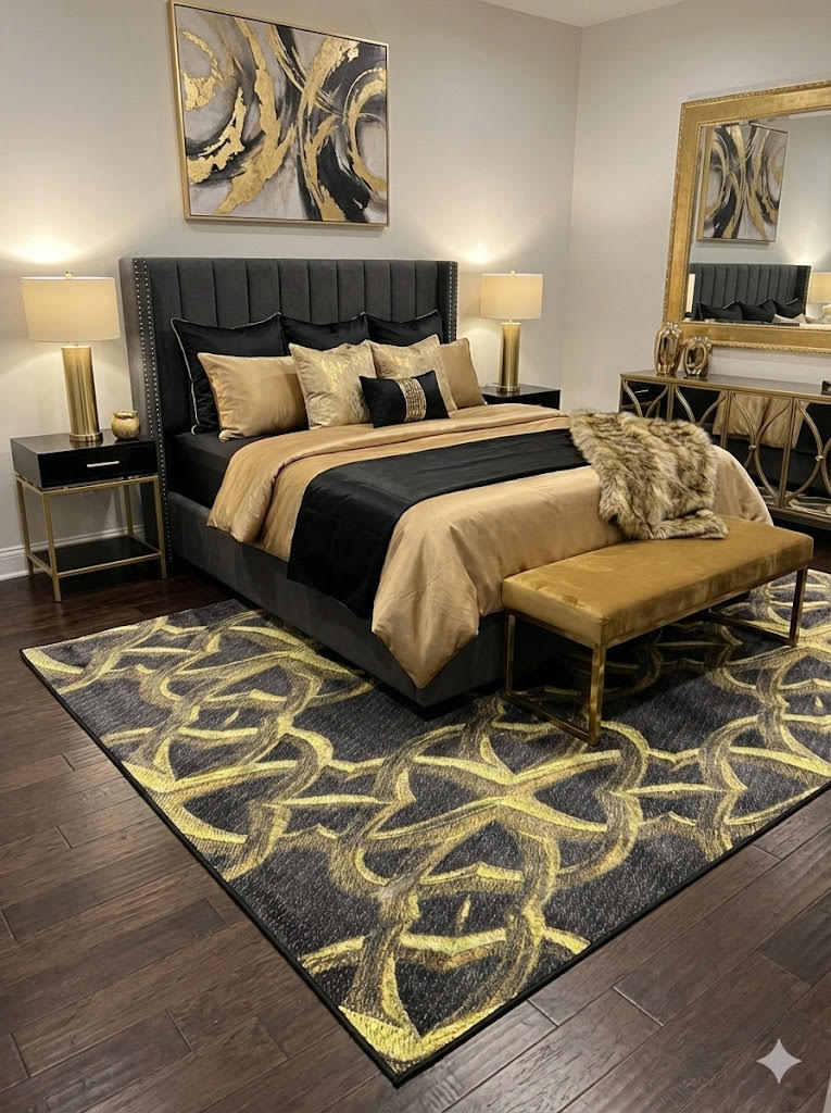 5' x 7' black and gold interlocking geometric rectangular area rug styled in a bedroom with black and gold bedding and dark wood flooring.