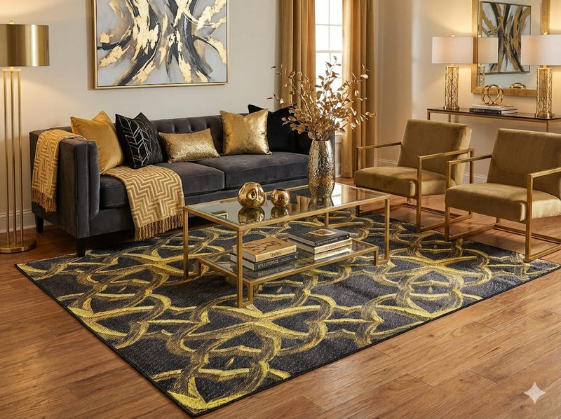 5' x 7' black and gold interlocking geometric rectangular area rug styled in a modern living room with a dark sofa, gold accents, and wood flooring.