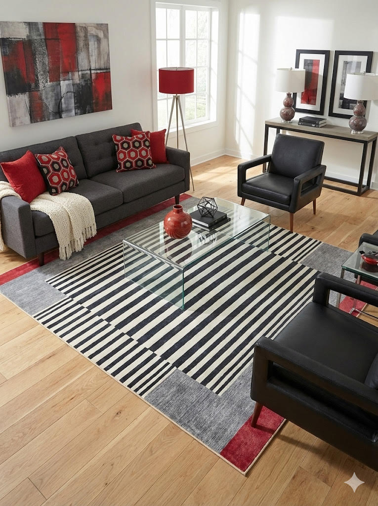 5' x 7' black, ivory, and red modern striped rectangular area rug styled in a contemporary living room with a charcoal sofa, black accent chairs, a glass coffee table, and light wood flooring.