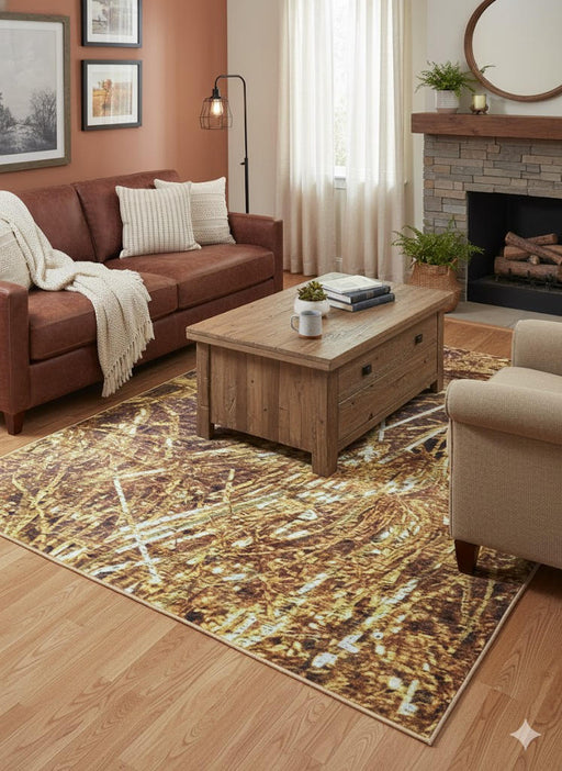 5' x 7' brown, golden tan, and cream woodland abstract rectangular area rug styled in a cozy living room with a sofa, wood coffee table, and neutral flooring.