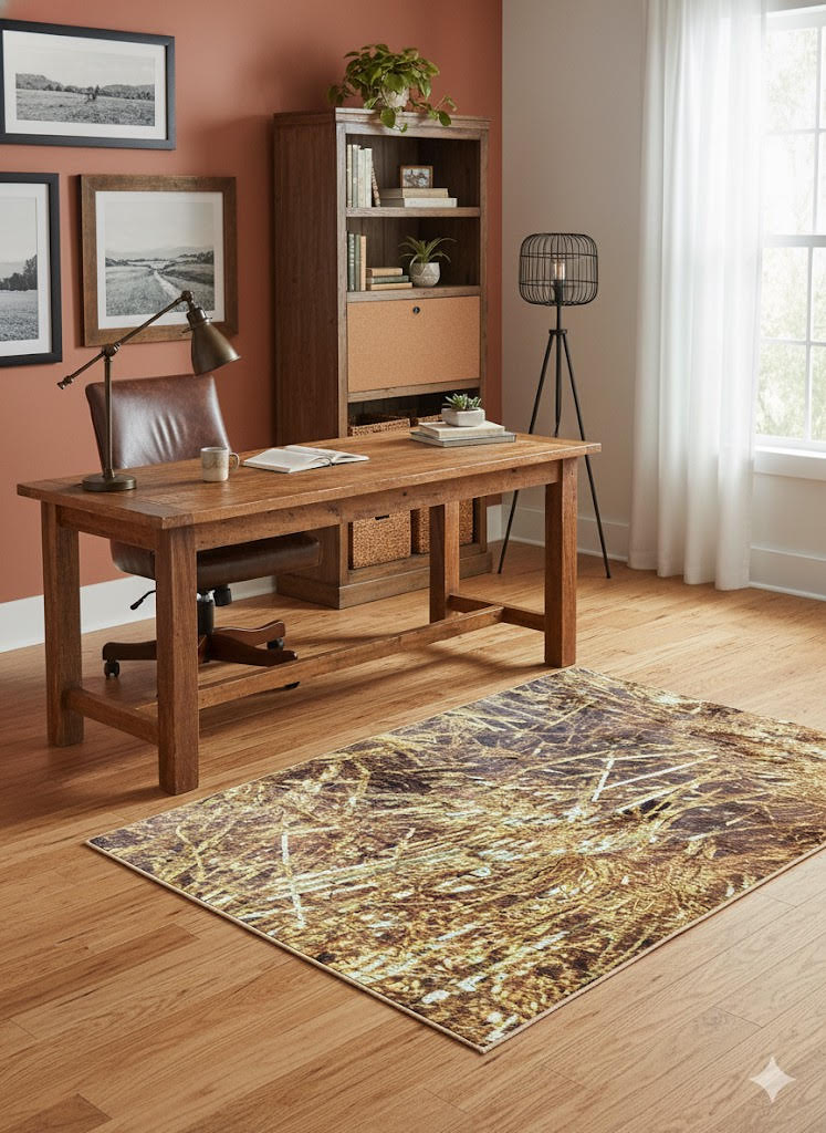 5' x 7' brown, golden tan, and cream woodland abstract rectangular area rug styled in a warm home office with a wooden desk, shelving, and light wood floors.