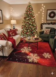 5' x 7' festive red Christmas snowflake area rug styled in a cozy living room with a decorated Christmas tree, holiday lights, and seasonal décor.
