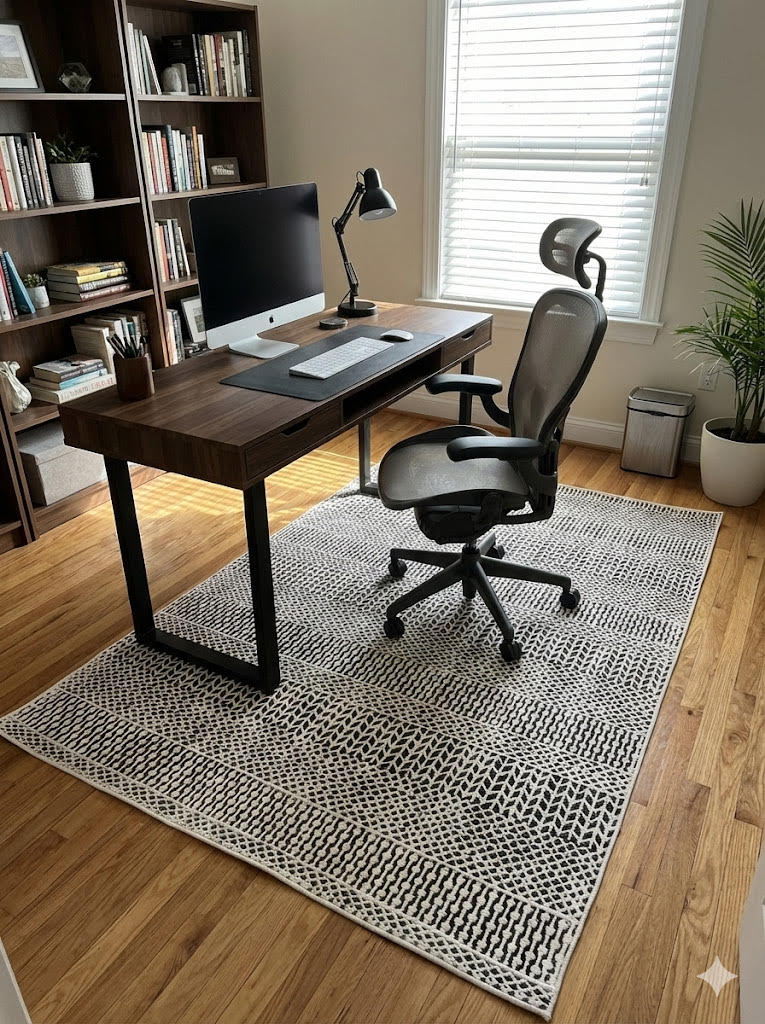 5' x 7' ivory and black charcoal geometric textured rectangular area rug placed in a home office beneath a wooden desk and office chair.