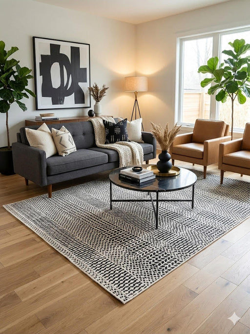 5' x 7' ivory and black charcoal geometric textured rectangular area rug styled in a modern living room with a gray sofa and wood flooring.