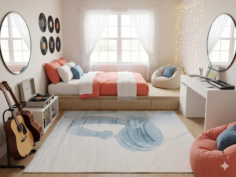 5' x 7' ivory and dusty blue abstract modern rectangular area rug placed in a cozy bedroom with a platform bed and light wood flooring.