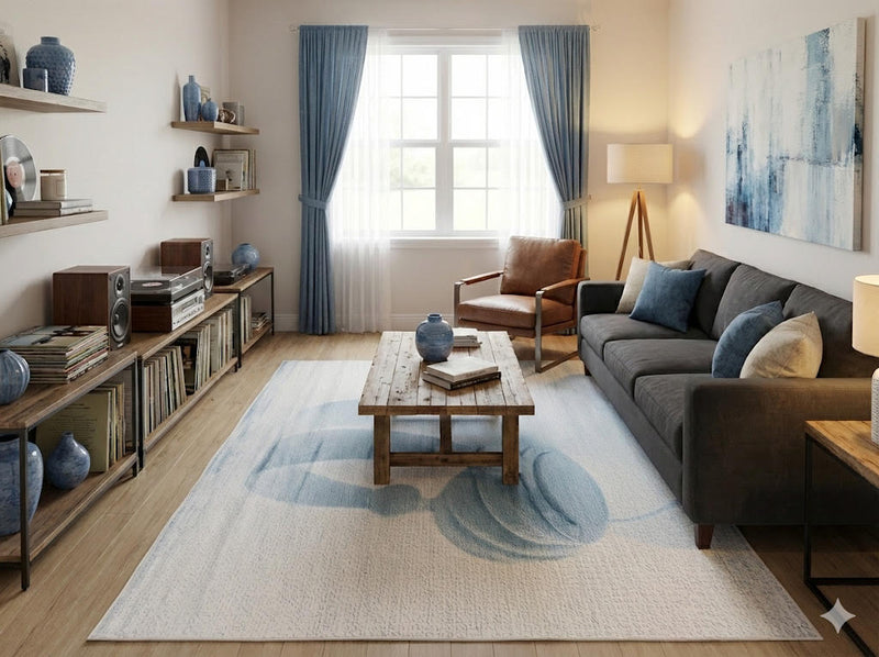 5' x 7' ivory and dusty blue abstract modern rectangular area rug styled in a bright living room with a gray sofa and wood flooring.