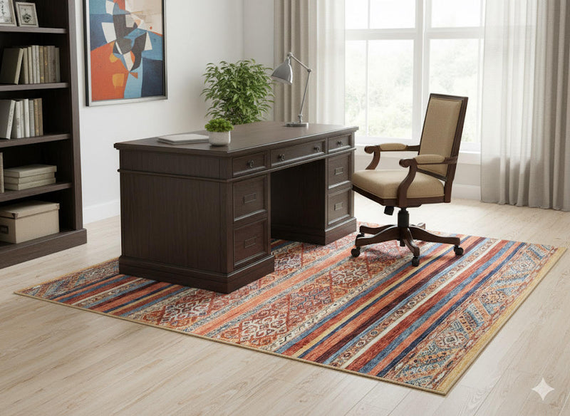 5' x 7' multi color striped geometric tribal rectangular area rug styled in a bright home office with a wooden desk, office chair, and light wood flooring.