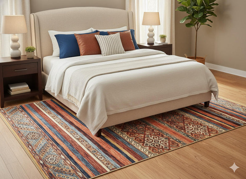 5' x 7' multi color striped geometric tribal rectangular area rug styled in a cozy living room with a neutral sofa, accent chairs, and warm wood flooring.